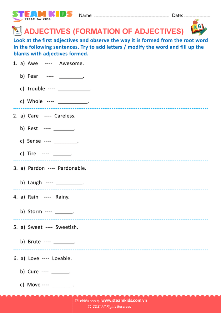 Bài tập tiếng anh - Formation of adjectives - B13