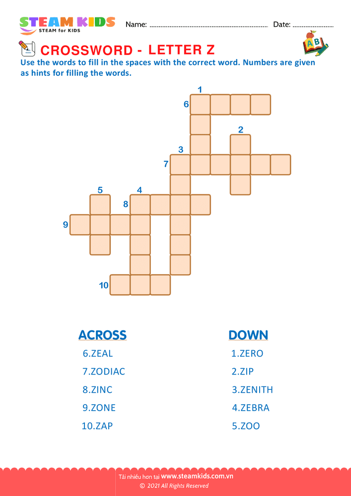 Bài tập tiếng anh - Crosswords with z
