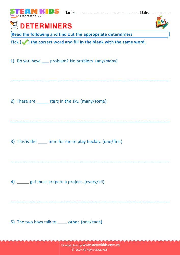 Bài tập tiếng anh - Appropriate determiners - B2