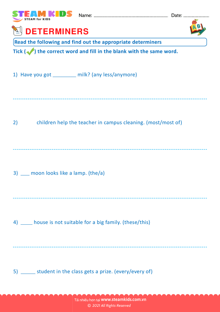 Bài tập tiếng anh - Appropriate determiners - B4