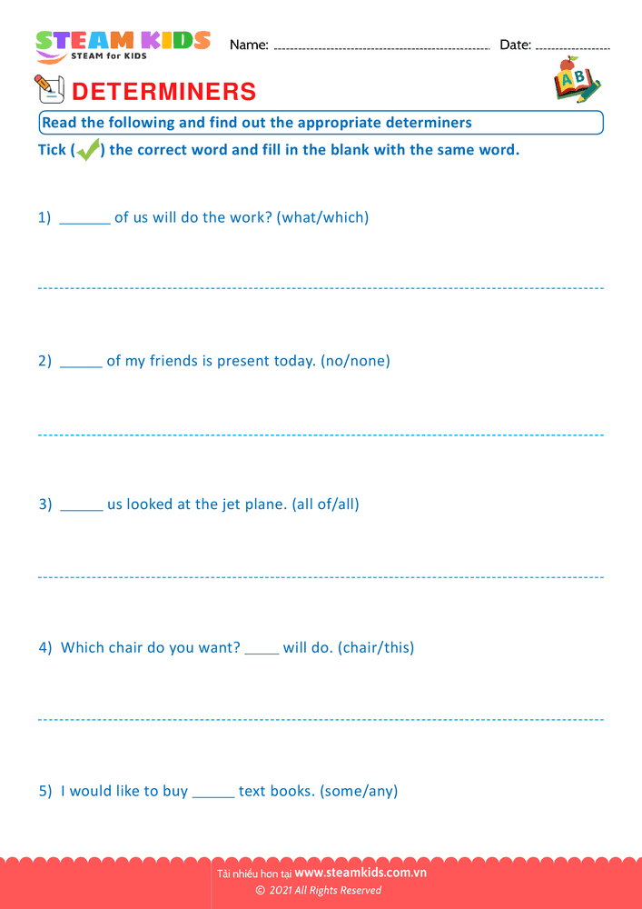 Bài tập tiếng anh - Appropriate determiners - B15