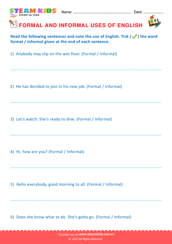 Bài tập tiếng anh - Formal & Informal  - B2