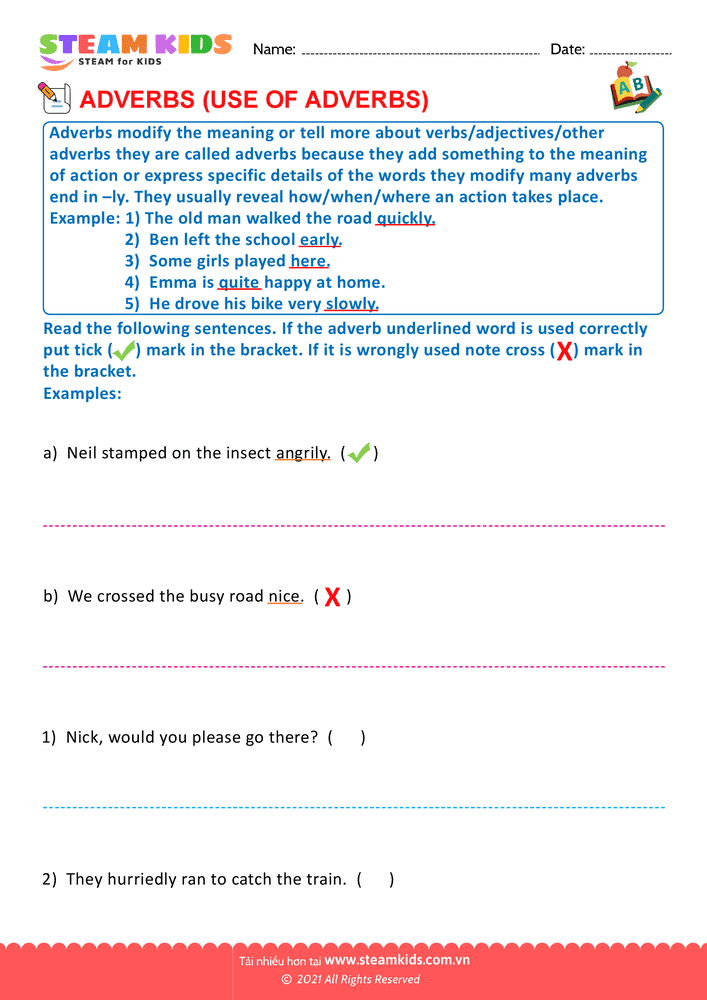 Bài tập tiếng anh - Use of adverbs - B1
