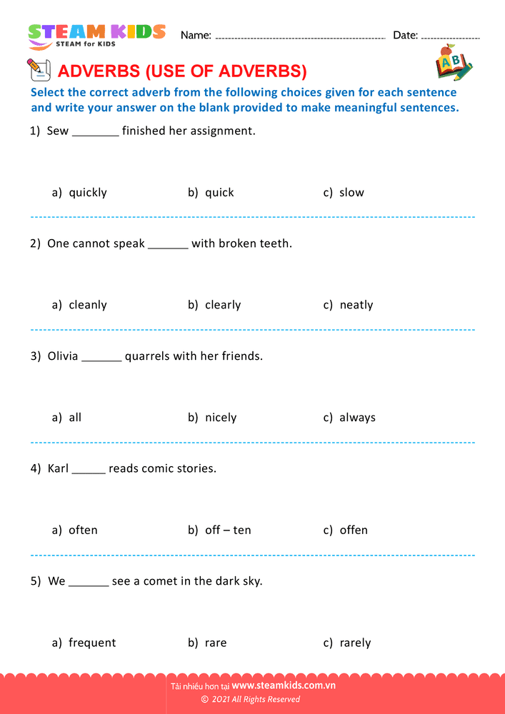 Bài tập tiếng anh - Use of adverbs - B6