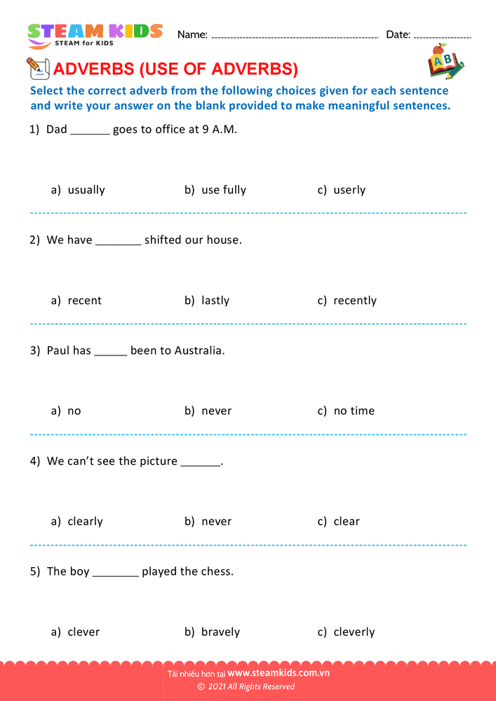 Bài tập tiếng anh - Use of adverbs - B8