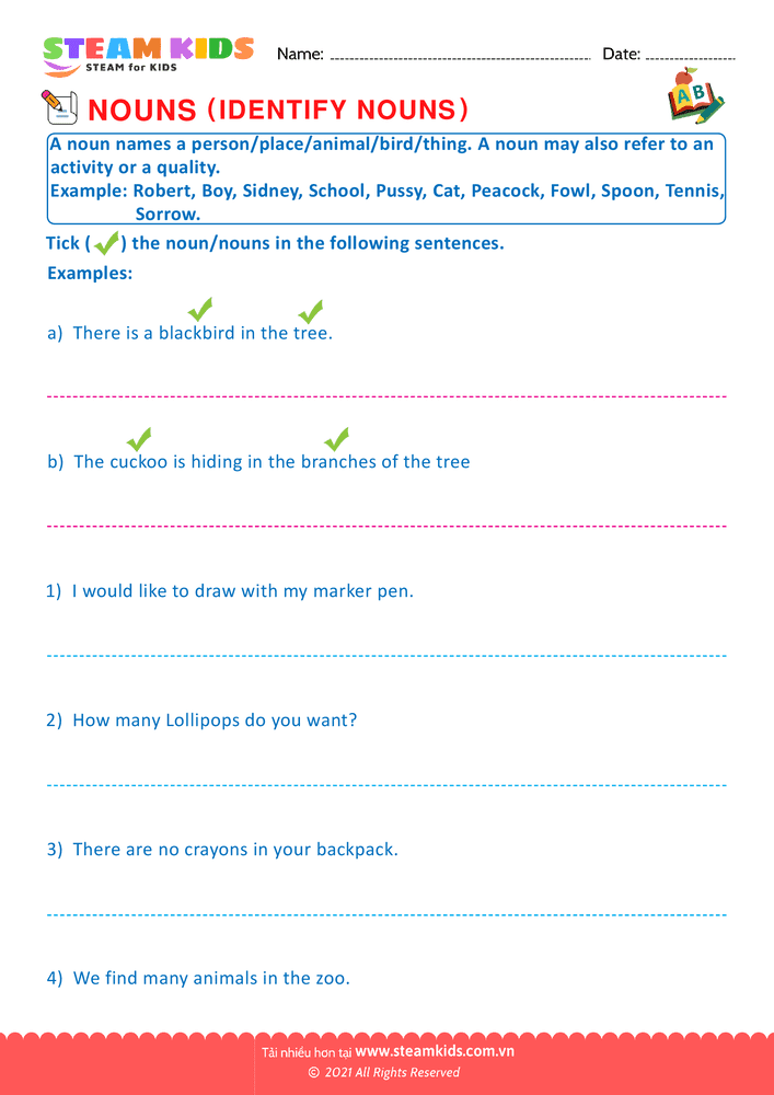 Bài tập tiếng anh - Identify nouns - B1
