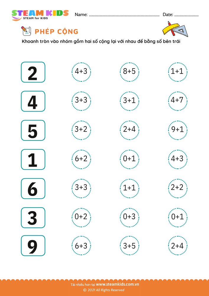 Bài tập Toán tư duy - Cộng phạm vi 10 - B13