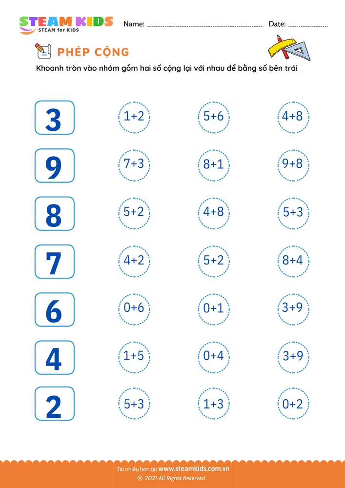 Bài tập Toán tư duy - Cộng phạm vi 10 - B17