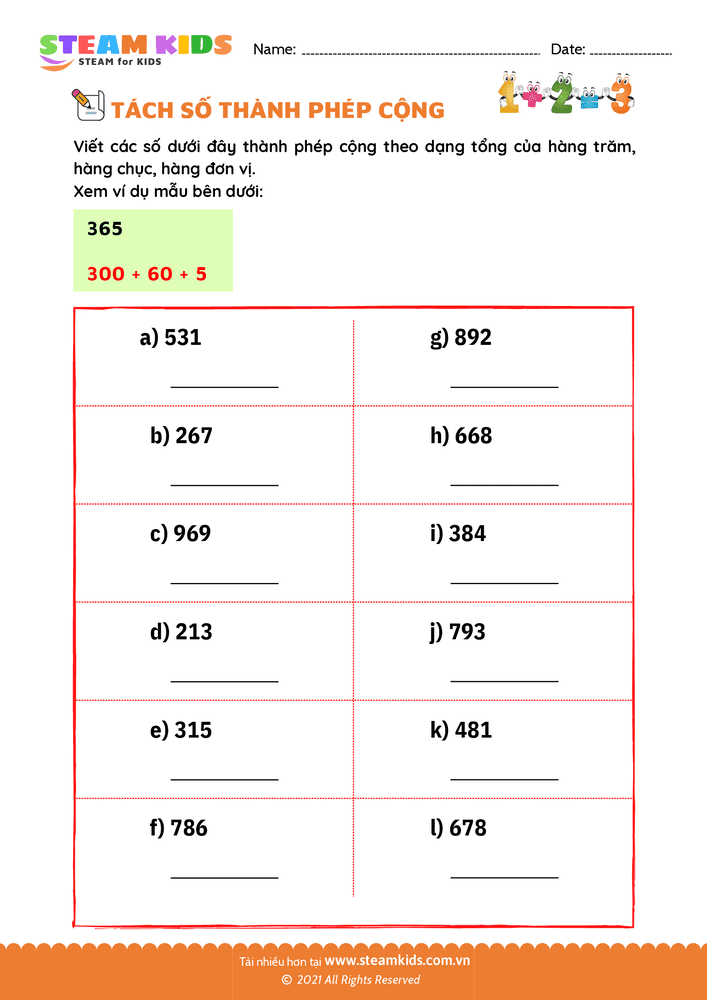 Bài tập Toán tư duy - Tách số thành phép cộng - B1