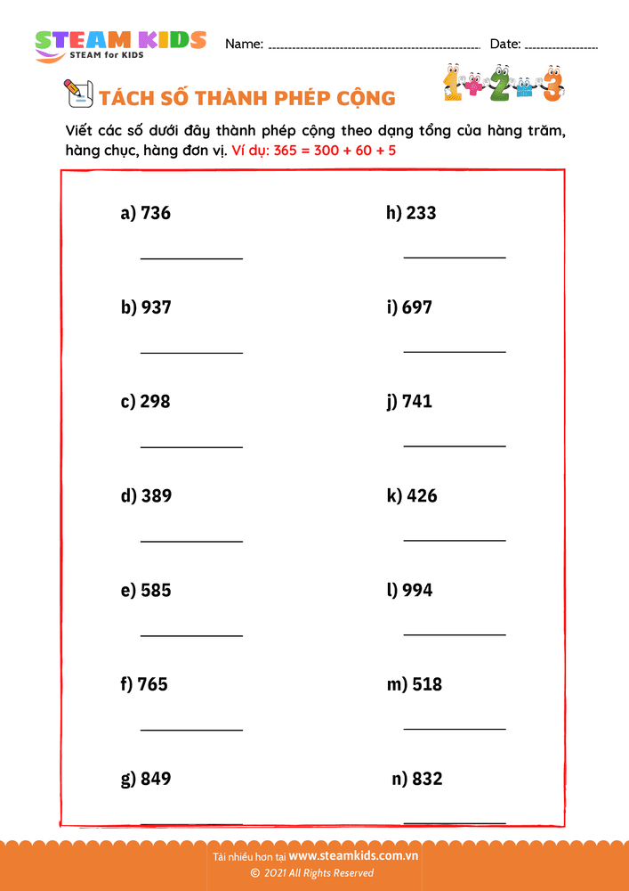 Bài tập Toán tư duy - Tách số thành phép cộng - B13