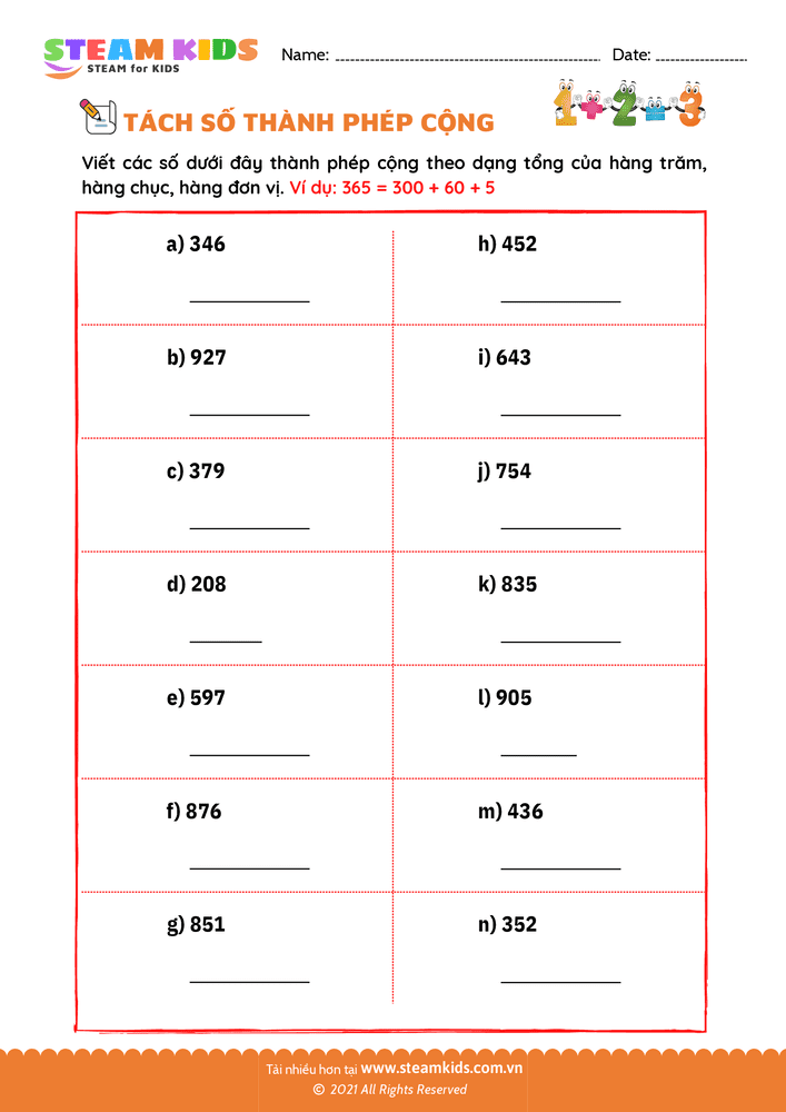 Bài tập Toán tư duy - Tách số thành phép cộng - B16
