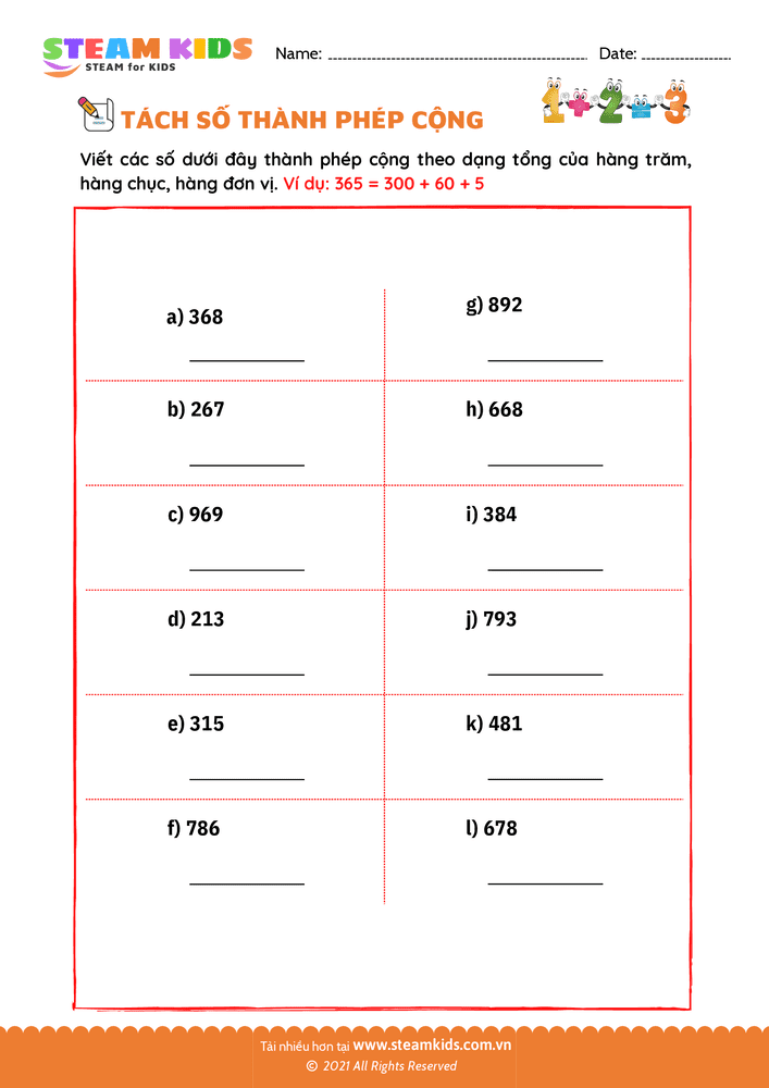 Bài tập Toán tư duy - Tách số thành phép cộng - B19