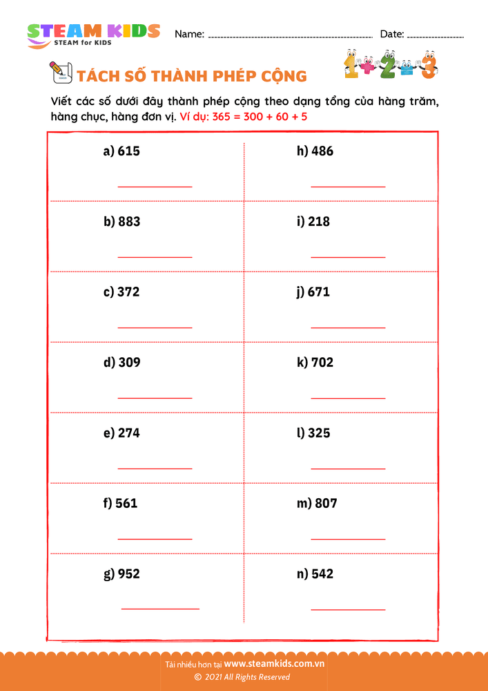 Bài tập Toán tư duy - Tách số thành phép cộng - B22