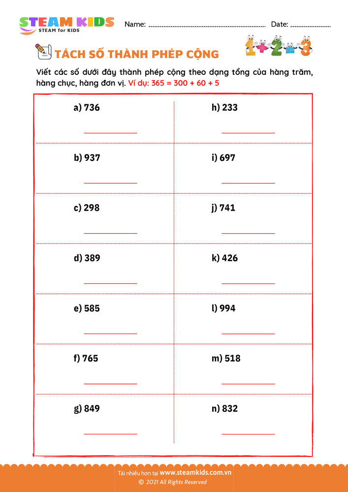 Bài tập Toán tư duy - Tách số thành phép cộng - B31