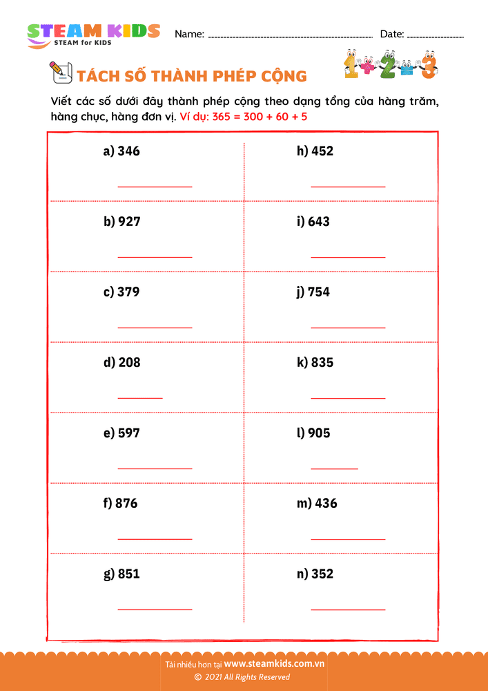 Bài tập Toán tư duy - Tách số thành phép cộng - B34