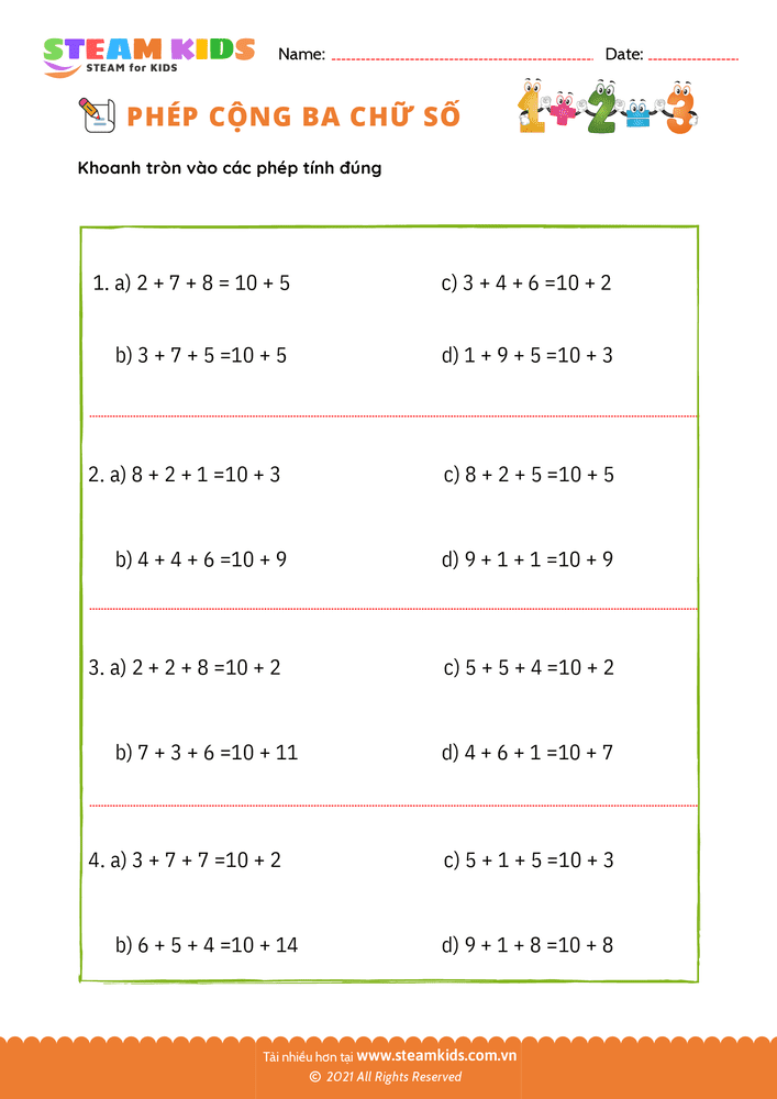 Bài tập Toán tư duy - Phép cộng 3 số - B51