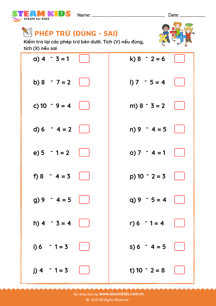 Bài tập Toán tư duy - Phép trừ - Chọn đúng, sai - B9