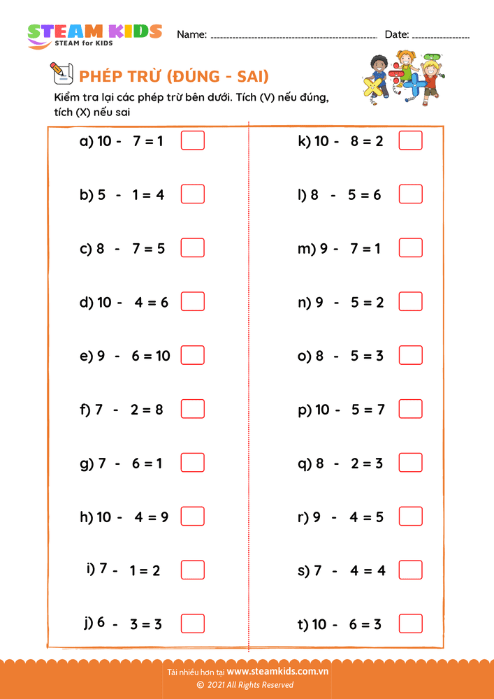 Bài tập Toán tư duy - Phép trừ - Chọn đúng, sai - B13
