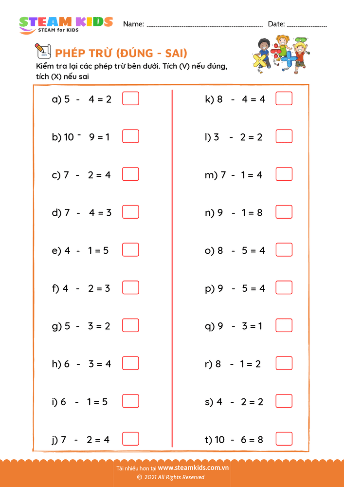 Bài tập Toán tư duy - Phép trừ - Chọn đúng, sai - B21
