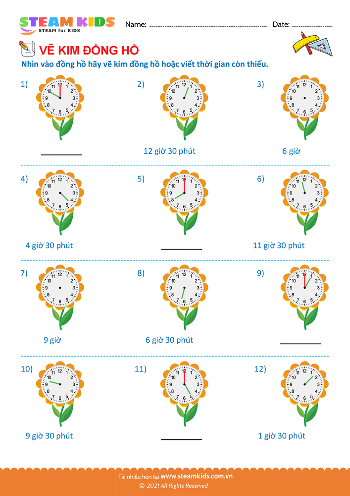 Bài tập Toán tư duy - Vẽ kim giờ và kim phút - B16